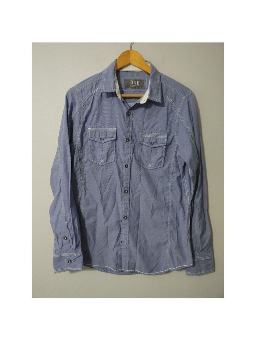 Men's BKE Blue Casual Button Down Shirt Standard Fit S with White Stitching